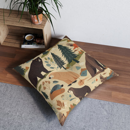 U.S. Wilderness Inspired: Grizzly Bears, Animals Pattern Tufted Floor Pillow, Square