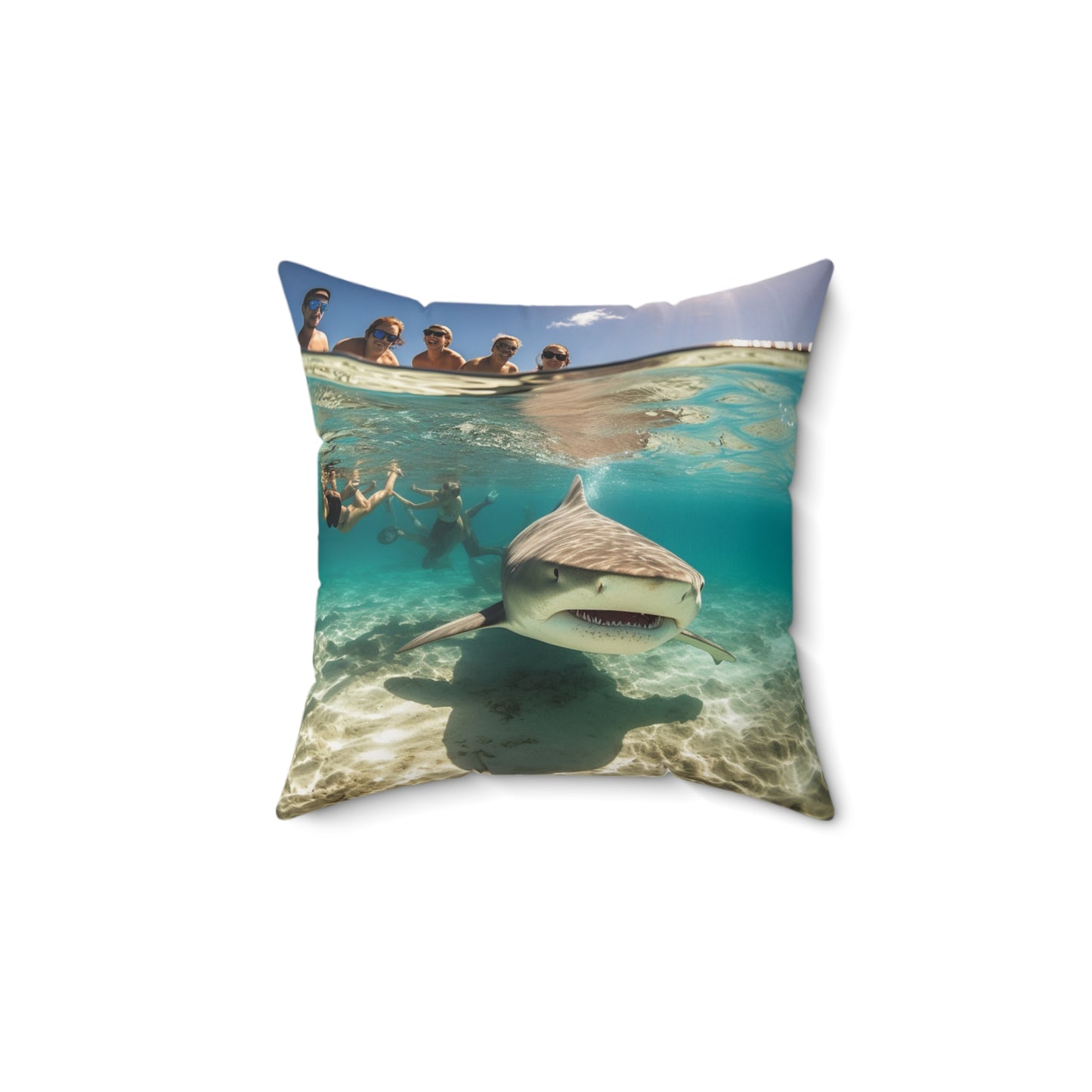 Peaceful Bull Shark with Swimmers: Ocean Scene - Perfect for Sea Lovers - Spun Polyester Square Pillow