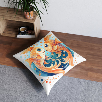 Charming Cartoon Fish Pisces - Dreamy Zodiac Illustration - Tufted Floor Pillow, Square