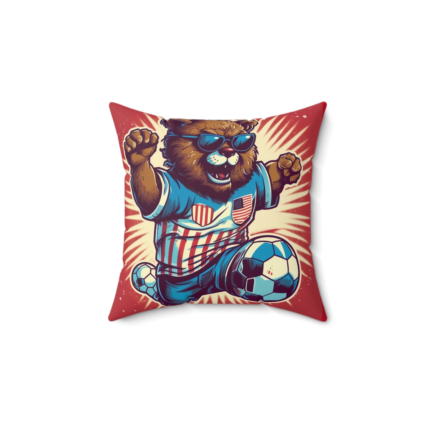 Soccer Stars and Stripes: Patriotism Patriotic Bear Playing Ball Spun Polyester Square Pillow