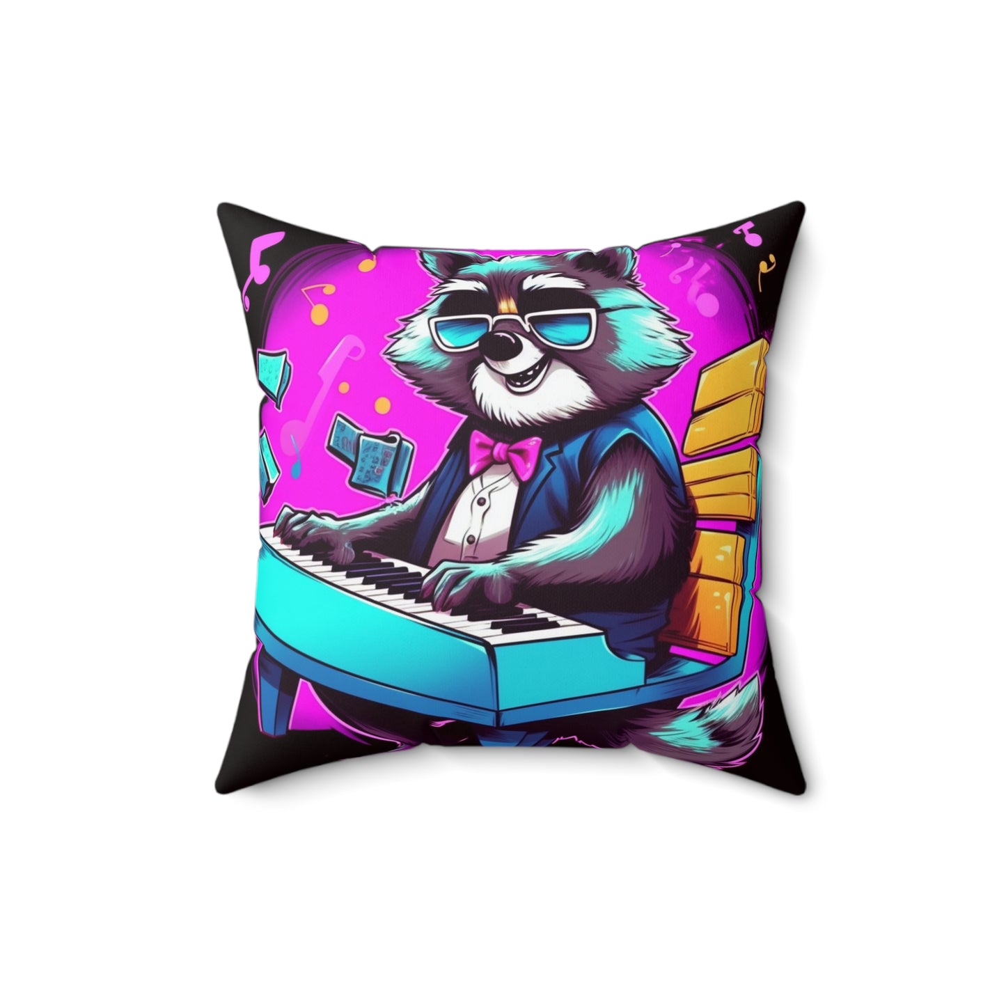 Piano Raccoon Furry Animal Keyboard Artist Musician Graphic Spun Polyester Square Pillow