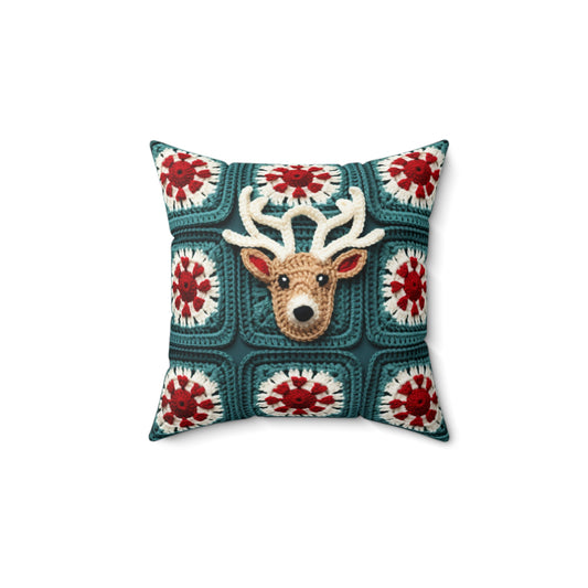 Christmas Reindeer Crochet, Wintry Wonderland Design, Festive Stag Motif. Embrace the Holiday Spirit - Spun Polyester Square Pillow