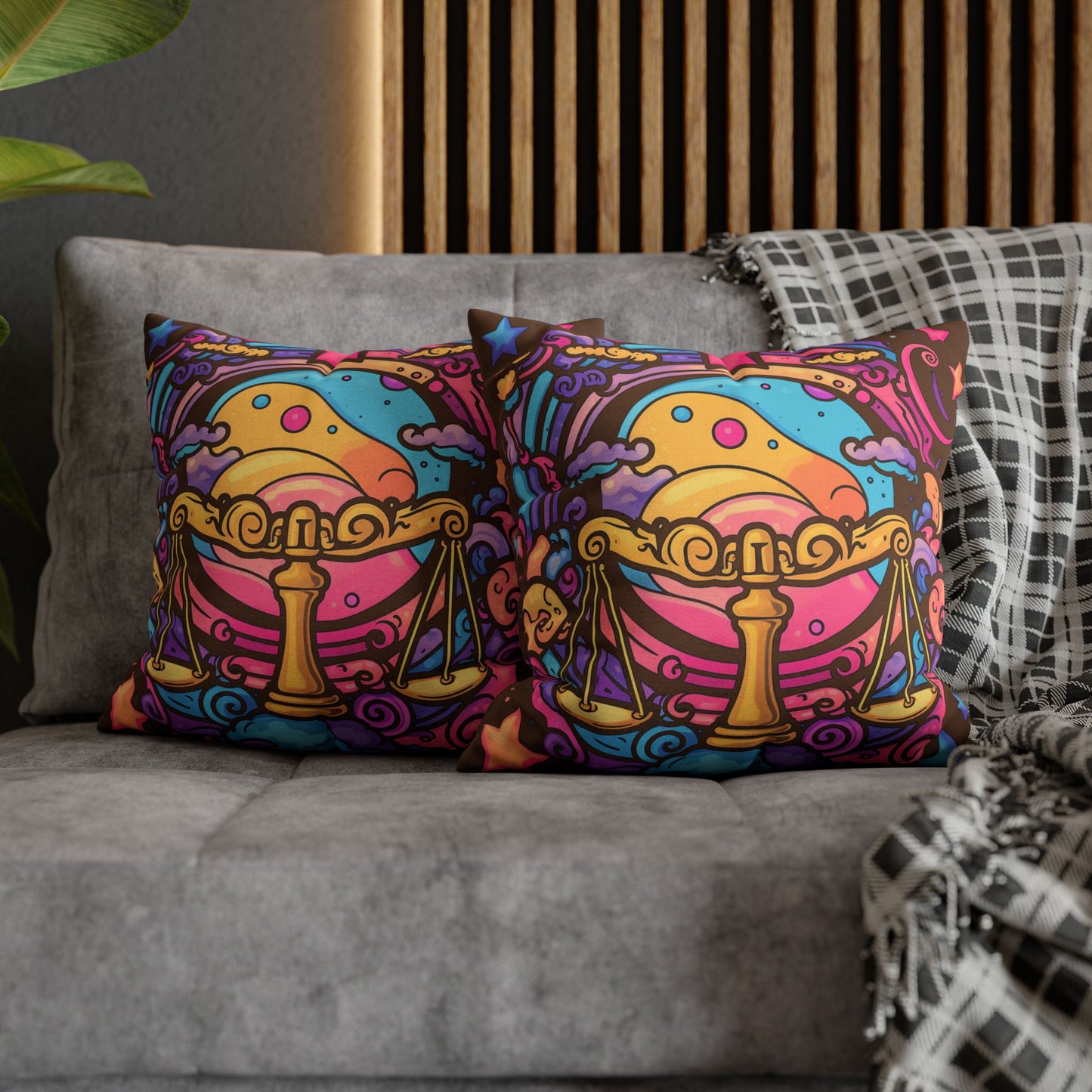 Cosmic Libra - Trippy Psychedelic Cartoon Art Zodiac Sign - Spun Polyester Square Pillow Case