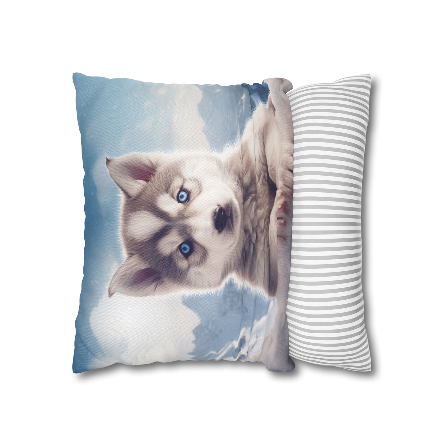 Husky Puppy Winter Wonder - Snowy Mountain Backdrop Spun Polyester Square Pillow Case