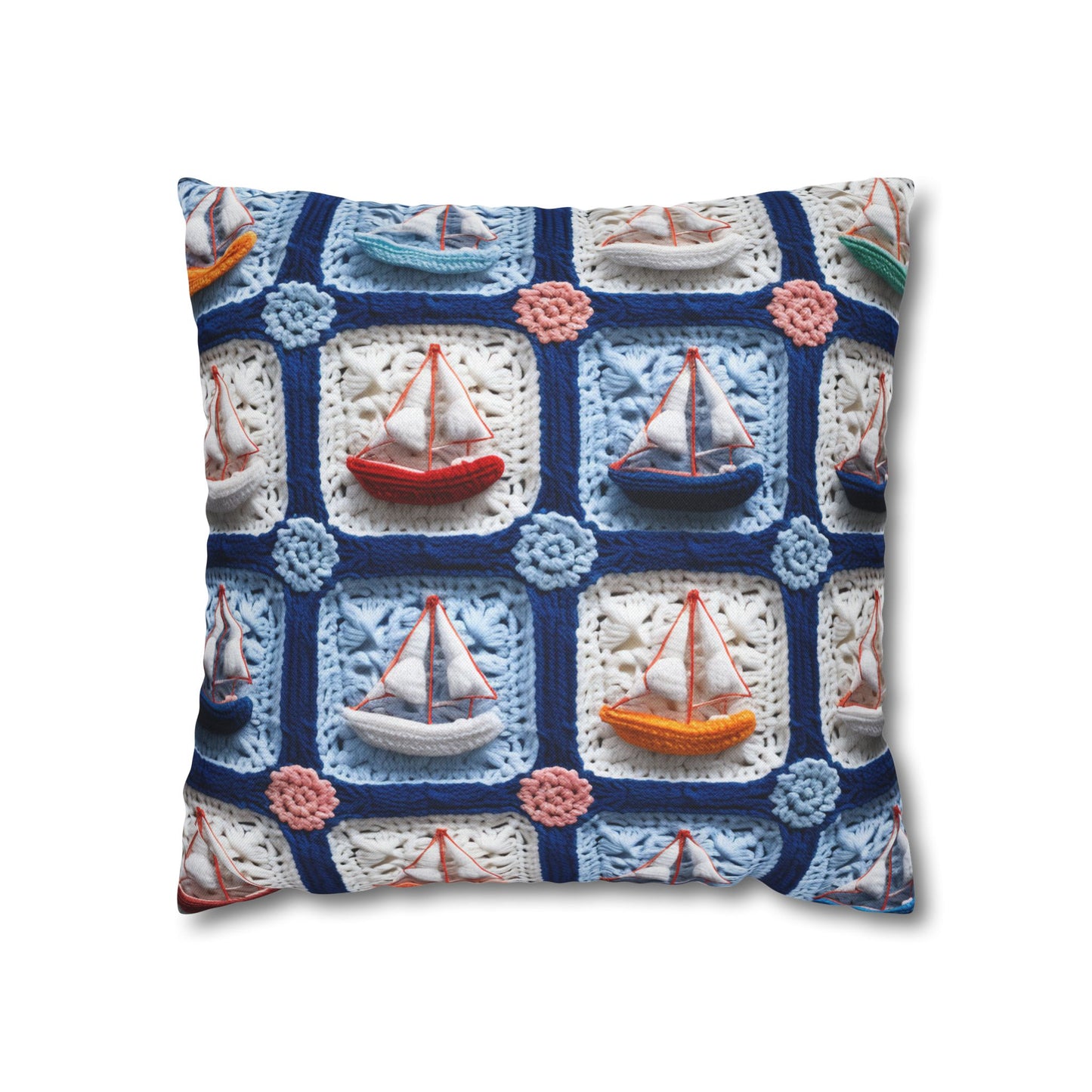 Crochet Boat Ship Sea Vessel Ocean Beach Travel Yacht Design - Spun Polyester Square Pillow Case