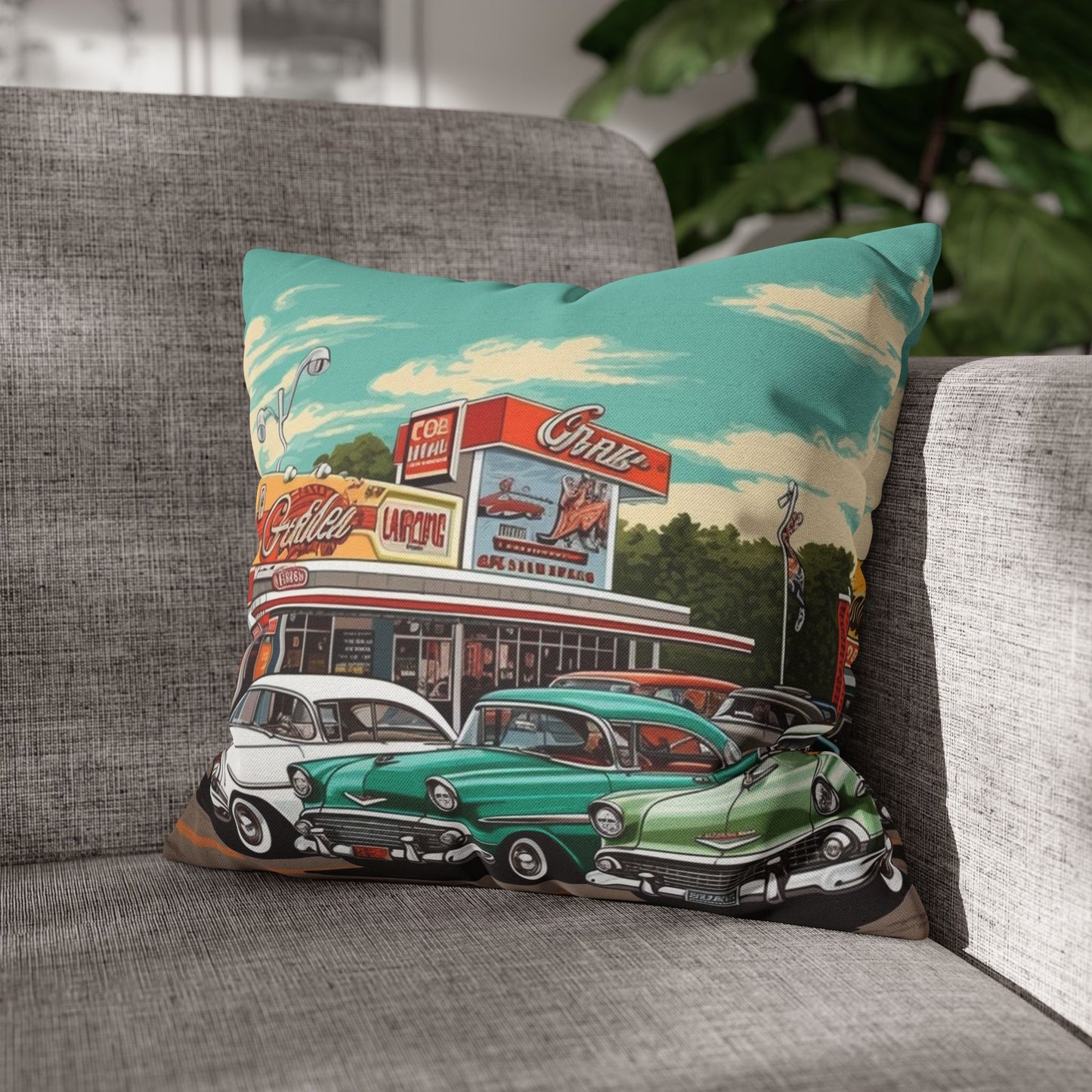 1950s Classic Car Collection Retro Artwork Spun Polyester Square Pillow Case