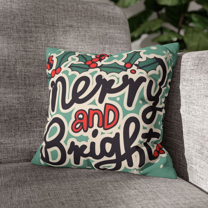 Merry and Bright Christmas Theme Holiday - Spun Polyester Square Pillow Case