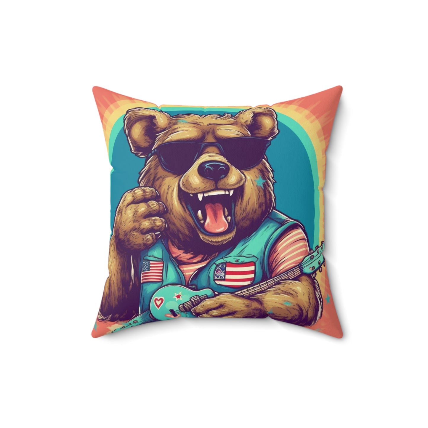 Mandolin Ukulele Guitar Instrument Furry USA Bear Animal Spun Polyester Square Pillow