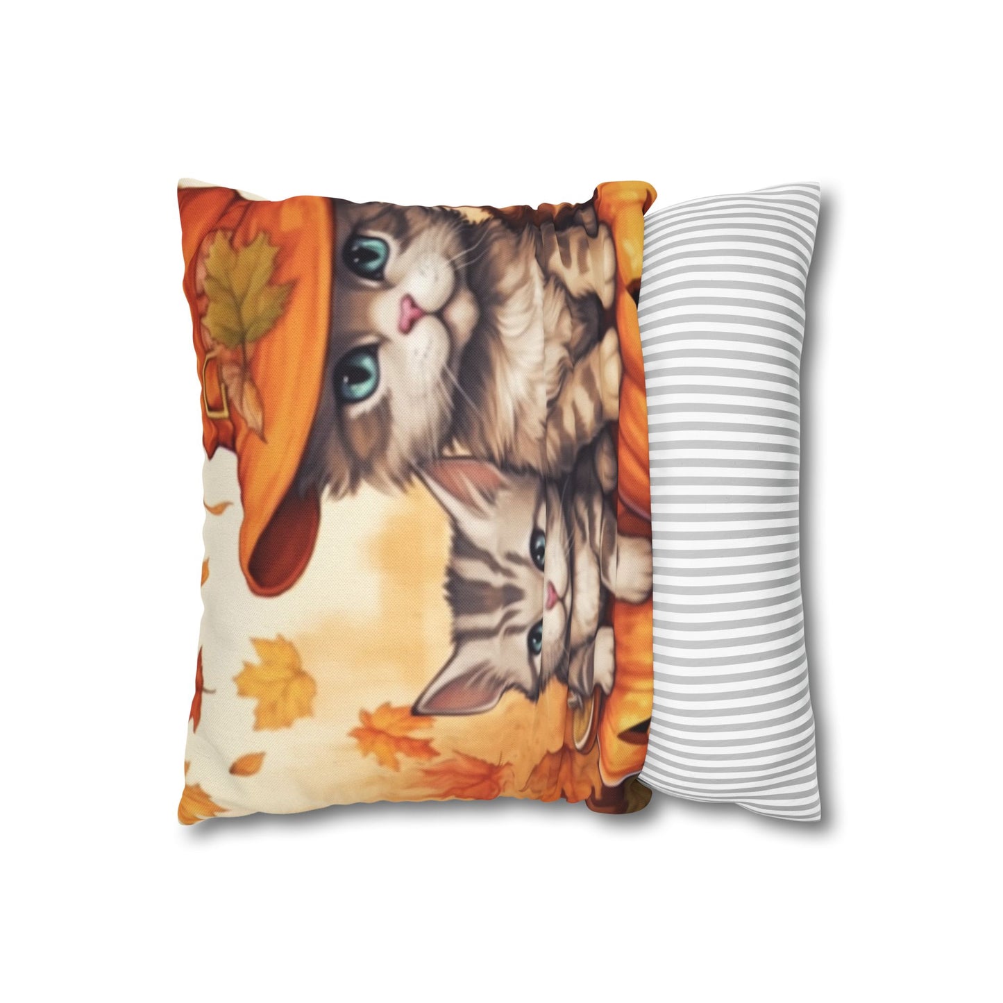 Kitty Cat Kittens Halloween - Cute Furries on Pumpkin - Festive Feline Decor - Spun Polyester Square Pillow Case