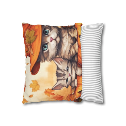 Kitty Cat Kittens Halloween - Cute Furries on Pumpkin - Festive Feline Decor - Spun Polyester Square Pillow Case