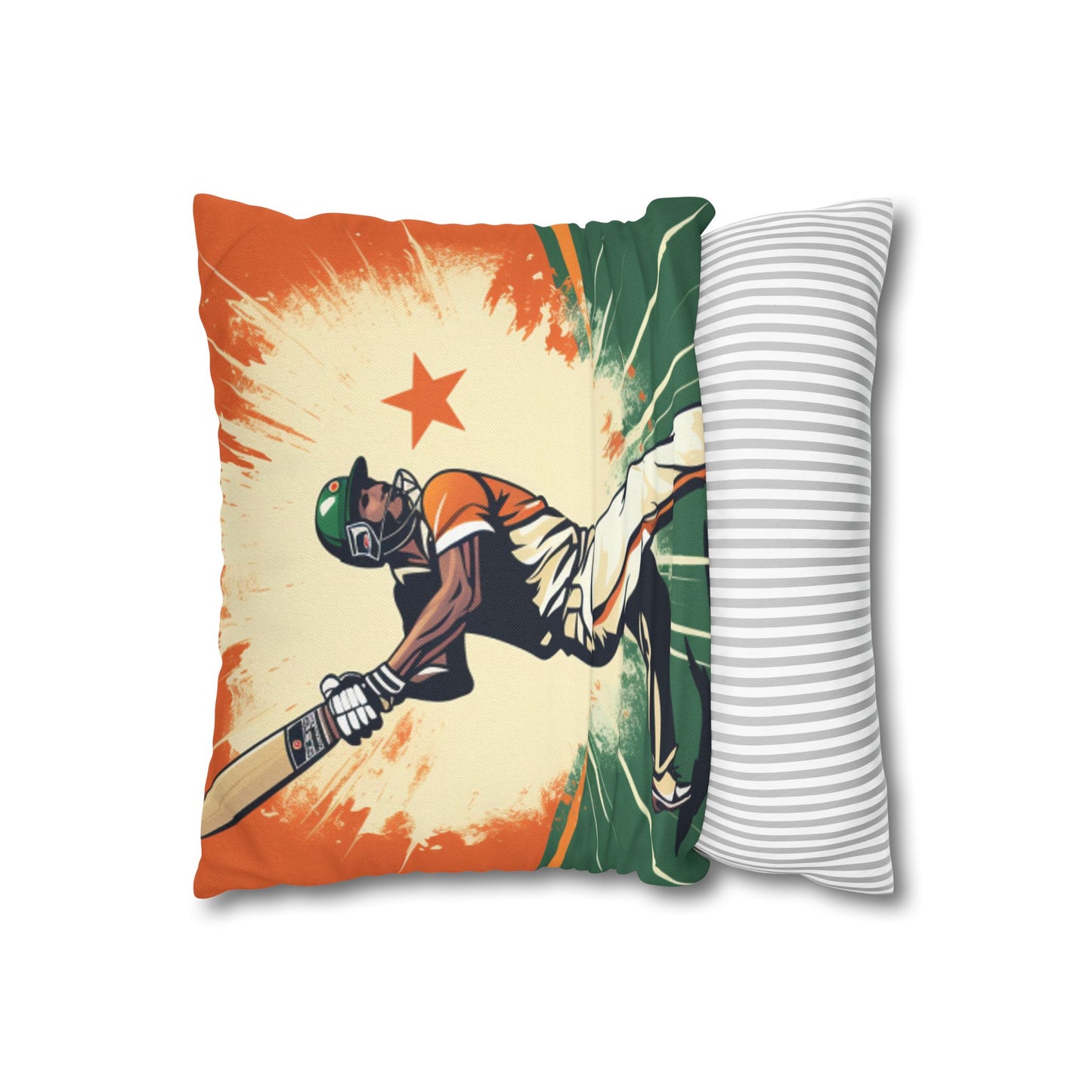 India Cricket Star: Batsman With Willow Bat, National Flag Style - Sport Game - Spun Polyester Square Pillow Case