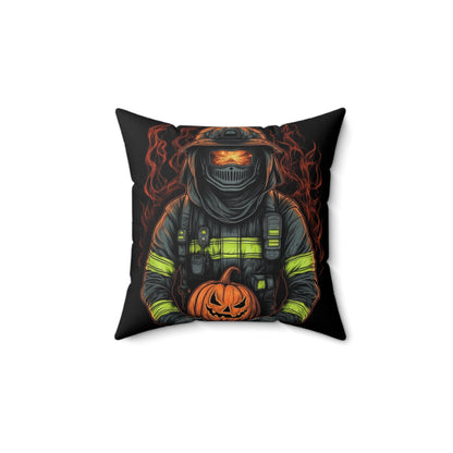 Firefighter Spooky Alert: Facing Haunted Halloween Spirits Scary Fire Pumpkin - Spun Polyester Square Pillow