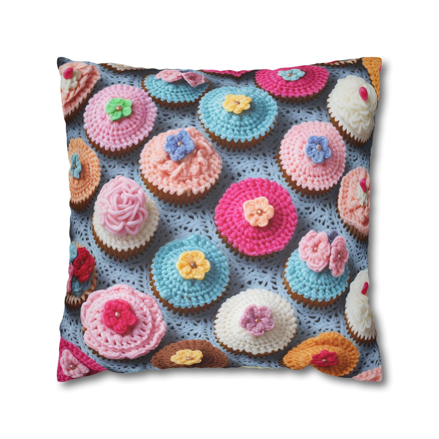 Crochet Cupcake Treat Frosted Cake Dessert Bakery Design - Spun Polyester Square Pillow Case