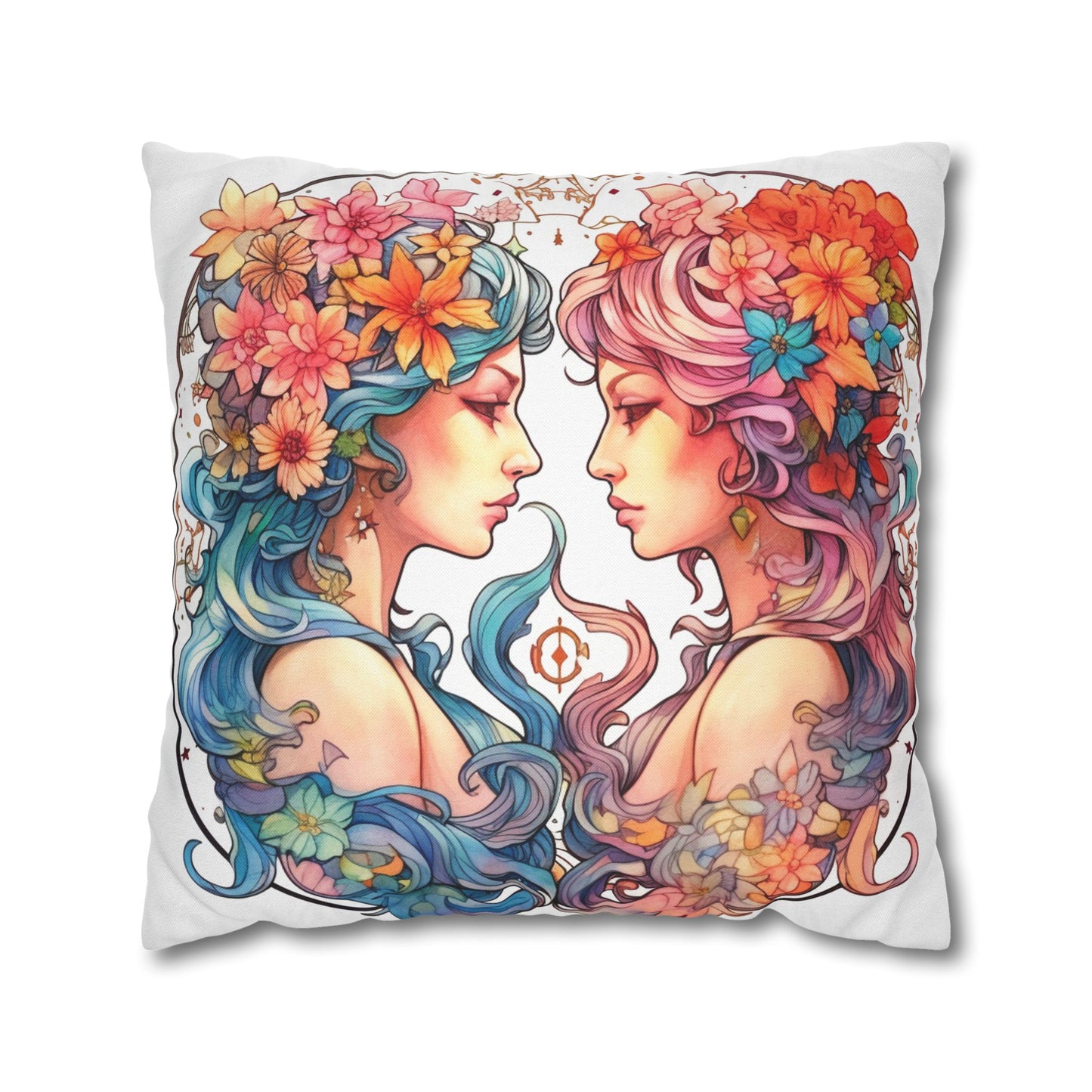 Zodiac Gemini Clipart - Twins Symbol, Whimsical Comic Style - Spun Polyester Square Pillow Case