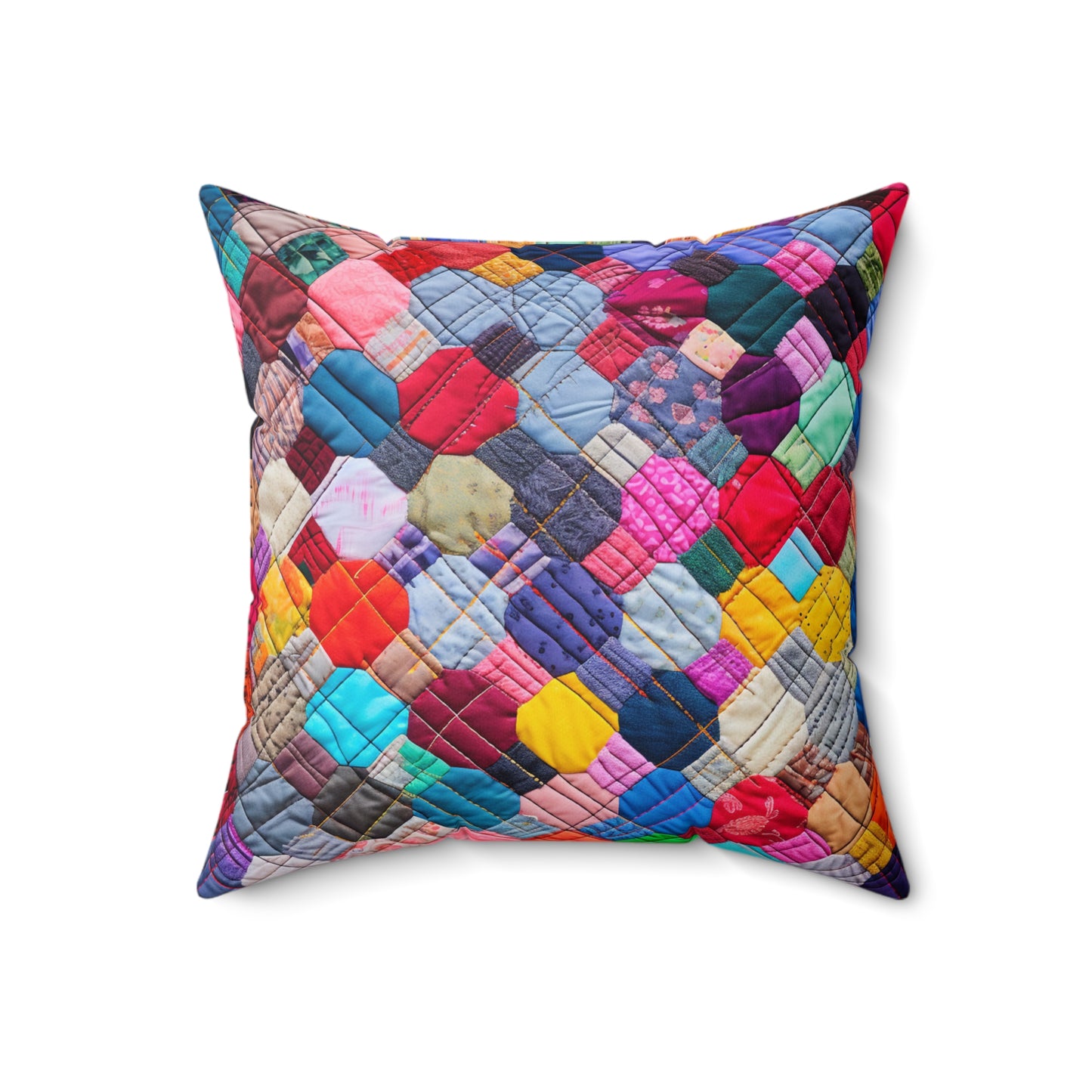 Colorful Patchwork Quilt, Multicolor Mosaic, Cozy Patchwork, Traditional Quilting Art, Eclectic Fabric Squares Design - Spun Polyester Square Pillow