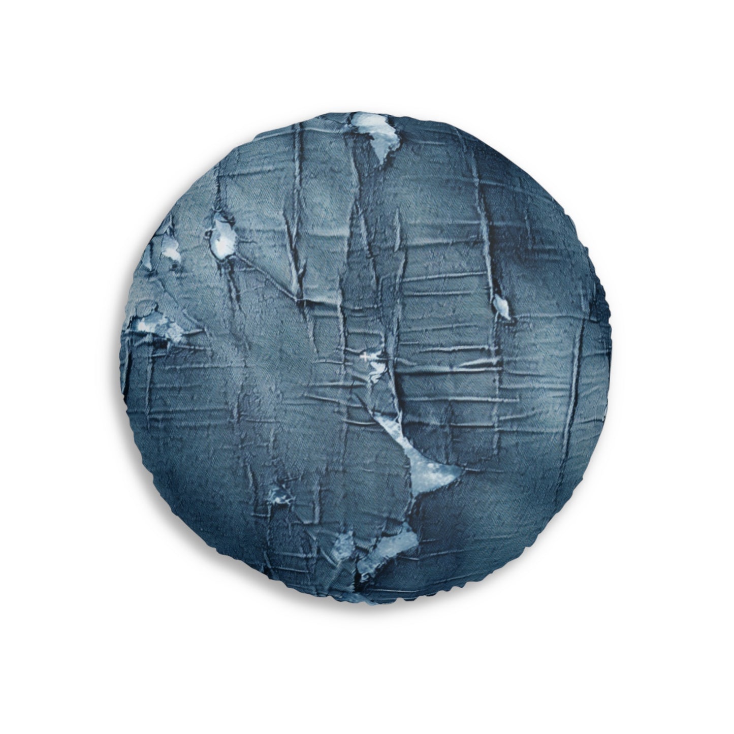 Distressed Blue Denim-Look: Edgy, Torn Fabric Design - Tufted Floor Pillow, Round