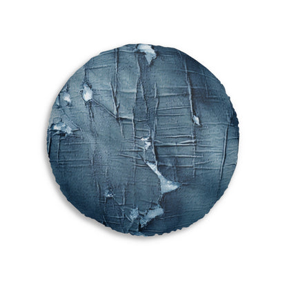 Distressed Blue Denim-Look: Edgy, Torn Fabric Design - Tufted Floor Pillow, Round