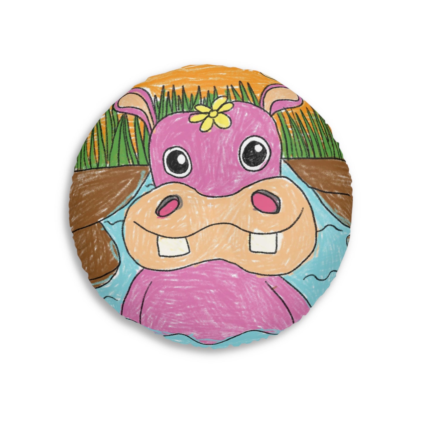 Hippo Hippopotamus Animal Creature Graphic Tufted Floor Pillow, Round