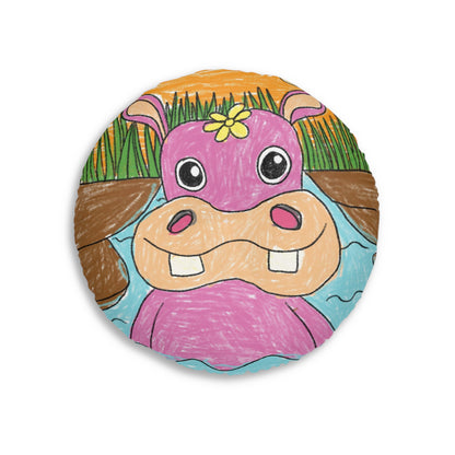 Hippo Hippopotamus Animal Creature Graphic Tufted Floor Pillow, Round