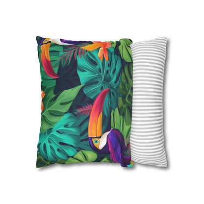 Vivid Tropical Birds & Leaves - Seamless Pattern Spun Polyester Square Pillow Case