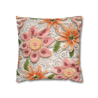 Floral Embroidered Eyelet: Delicate Flower Elegant Pattern - Spun Polyester Square Pillow Case