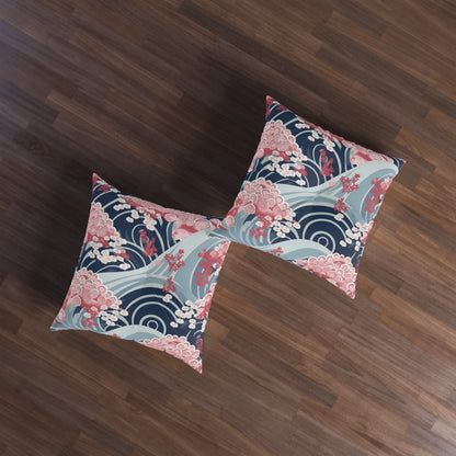 Japanese Minimalist Waves & Cherry Blossoms Pattern Tufted Floor Pillow, Square