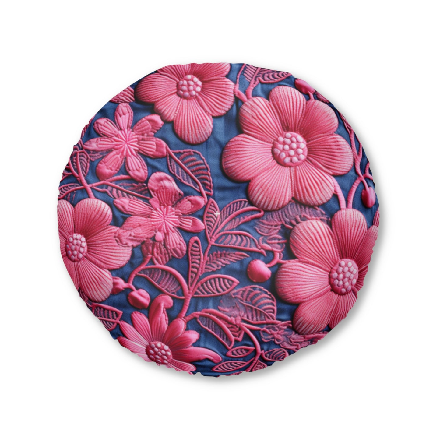 Denim Blue Doll Pink Floral Embroidery Style Fabric Flowers - Tufted Floor Pillow, Round