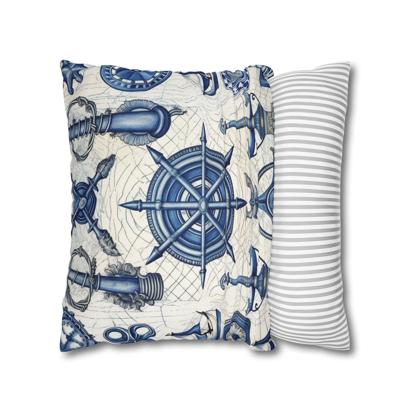 Nautical Theme Art - Anchors, Ropes, Compass Spun Polyester Square Pillow Case