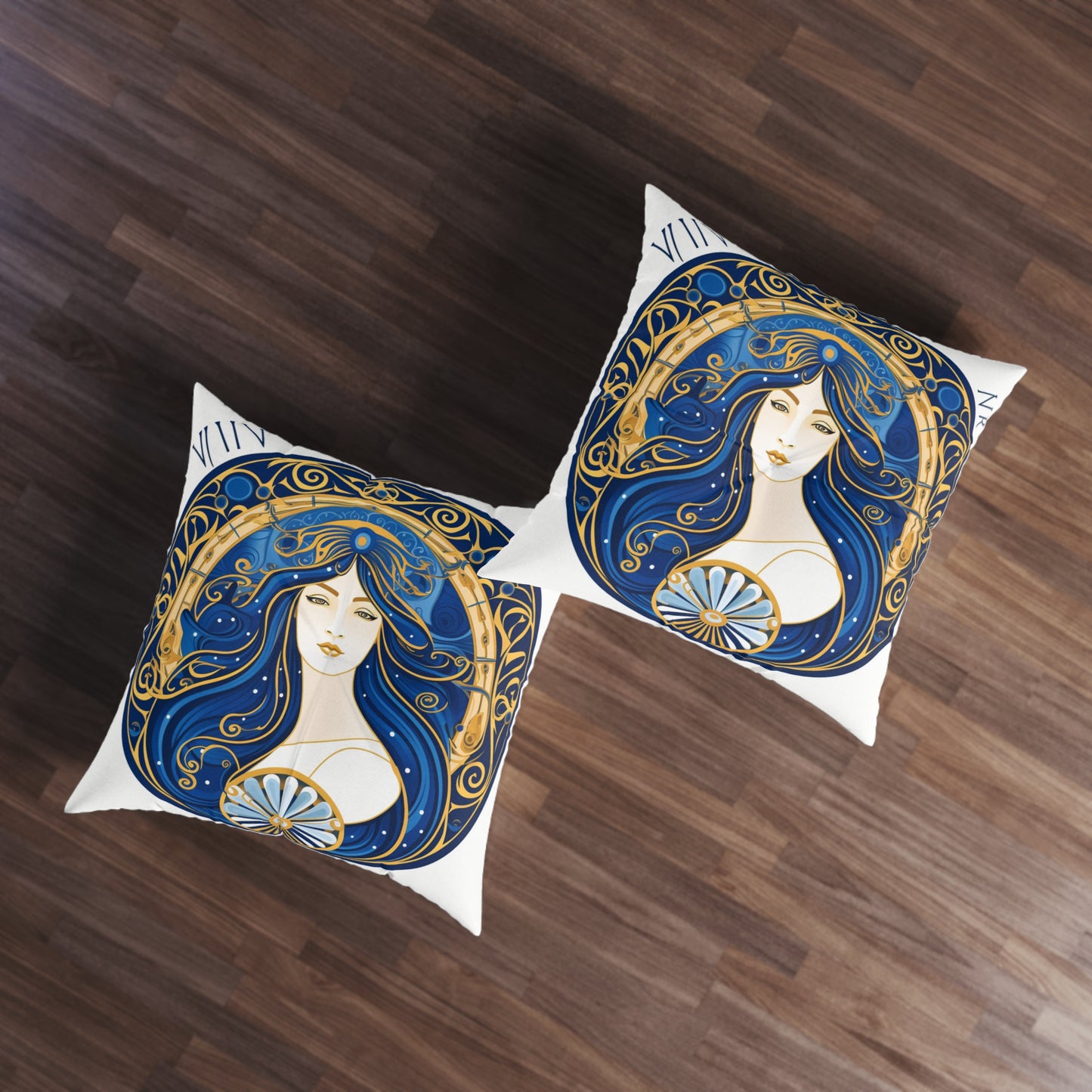 Virgo Zodiac Circular Symmetry in Gold Royal Blue - Tufted Floor Pillow, Square