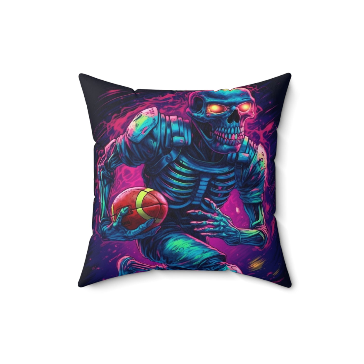 Spooky Football Game: Fantasy Skeleton Athlete Running with Ball, Sporty Halloween - Spun Polyester Square Pillow