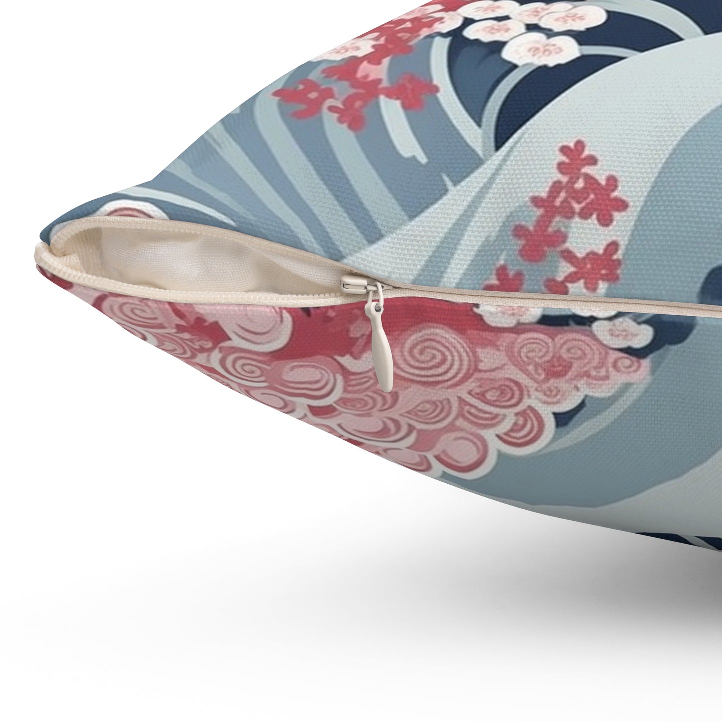 Japanese Minimalist Waves & Cherry Blossoms Pattern Spun Polyester Square Pillow