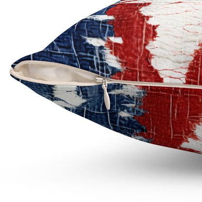 Patriotic Red, White & Blue: Distressed Denim-Style, Torn Fabric - Spun Polyester Square Pillow