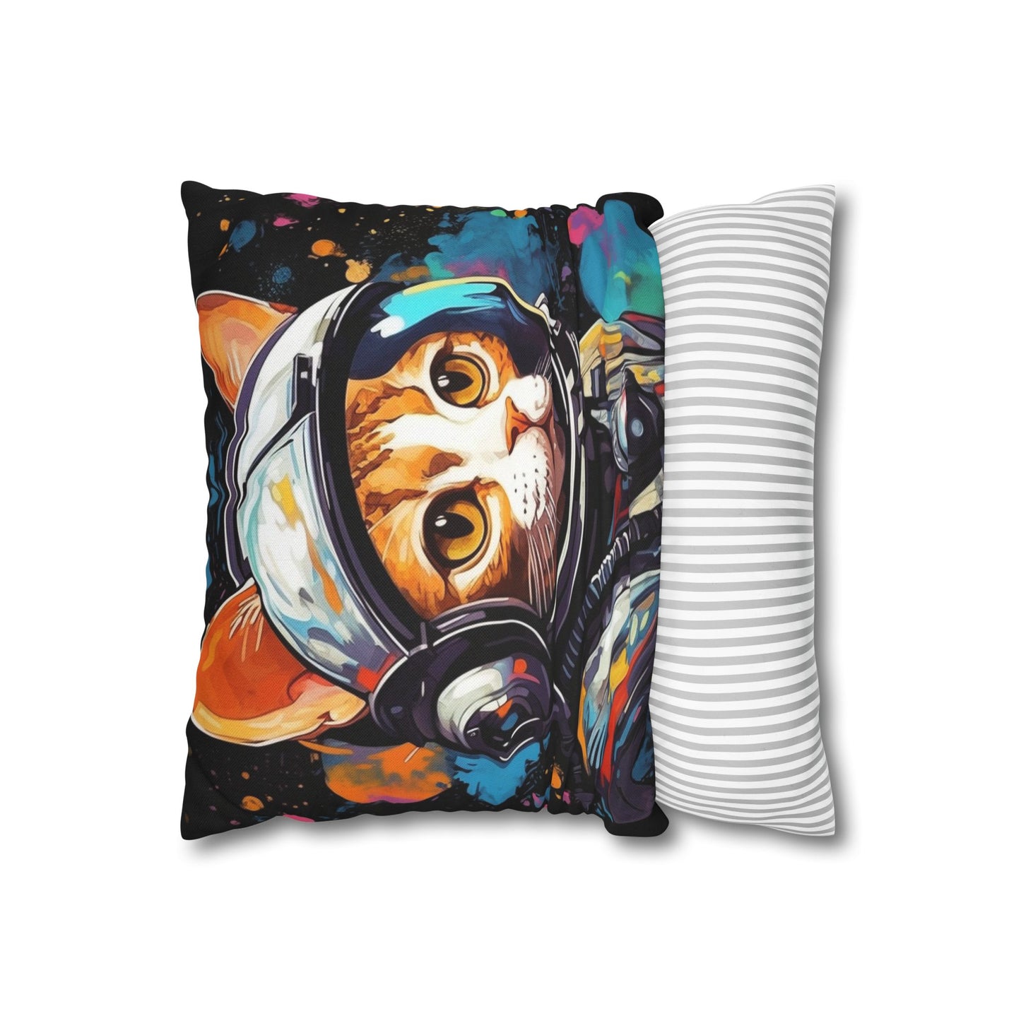 Astro Cat Adventure Feline - Pop Art, Floating in Cosmic Space - Spun Polyester Square Pillow Case