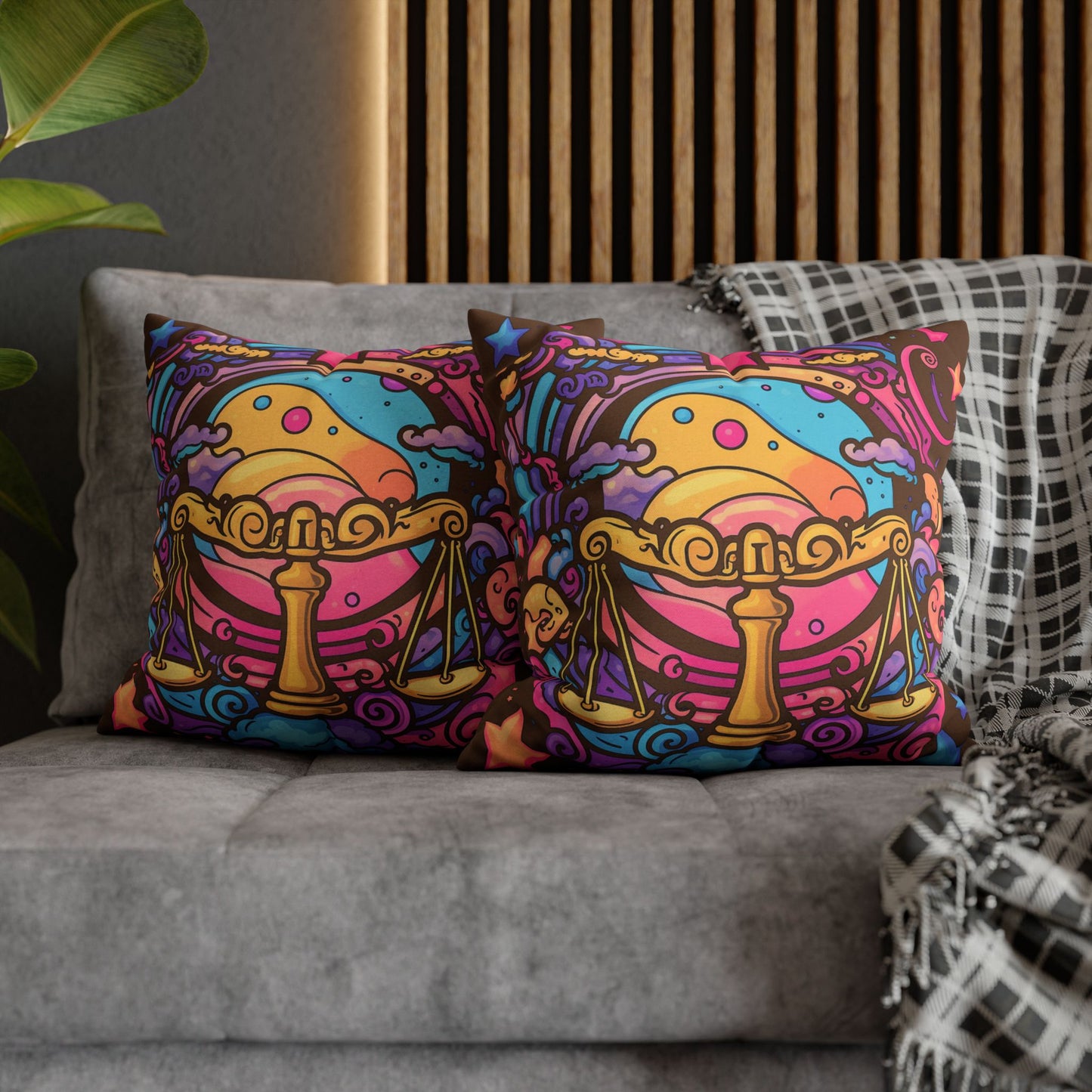 Cosmic Libra - Trippy Psychedelic Cartoon Art Zodiac Sign - Spun Polyester Square Pillow Case