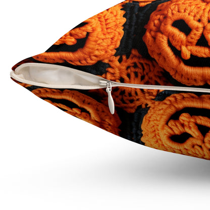 Halloween Crochet Pumpkin Scary Horror Festive Holiday Pattern - Spun Polyester Square Pillow