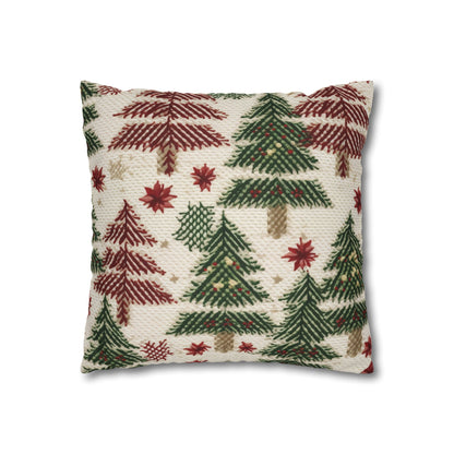 Embroidered Christmas Winter, Festive Holiday Stitching, Classic Seasonal Design - Spun Polyester Square Pillow Case