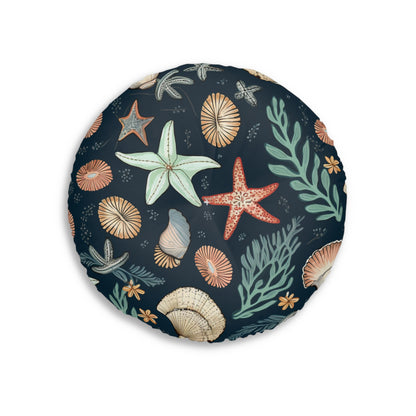 Seashells & Starfish Marine-Inspired Pattern Tufted Floor Pillow, Round