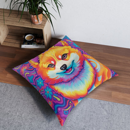 Bright Shiba Inu & Corgi Design - Unique, Vibrant & Eye-Catching - Tufted Floor Pillow, Square