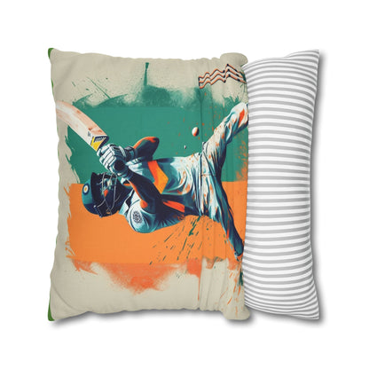 Cricket Batsman, Ball Strike, Indian Flag Color Background - Street Style - Spun Polyester Square Pillow Case