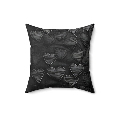 Black: Distressed Denim-Inspired Fabric Heart Embroidery Design - Spun Polyester Square Pillow