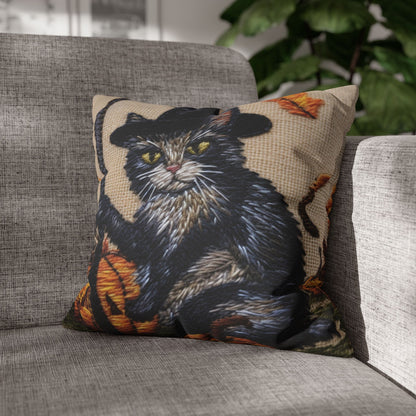 Halloween Cat Magic: Embroidered Style Feline with Pumpkins & Witch Hat - Spun Polyester Square Pillow Case