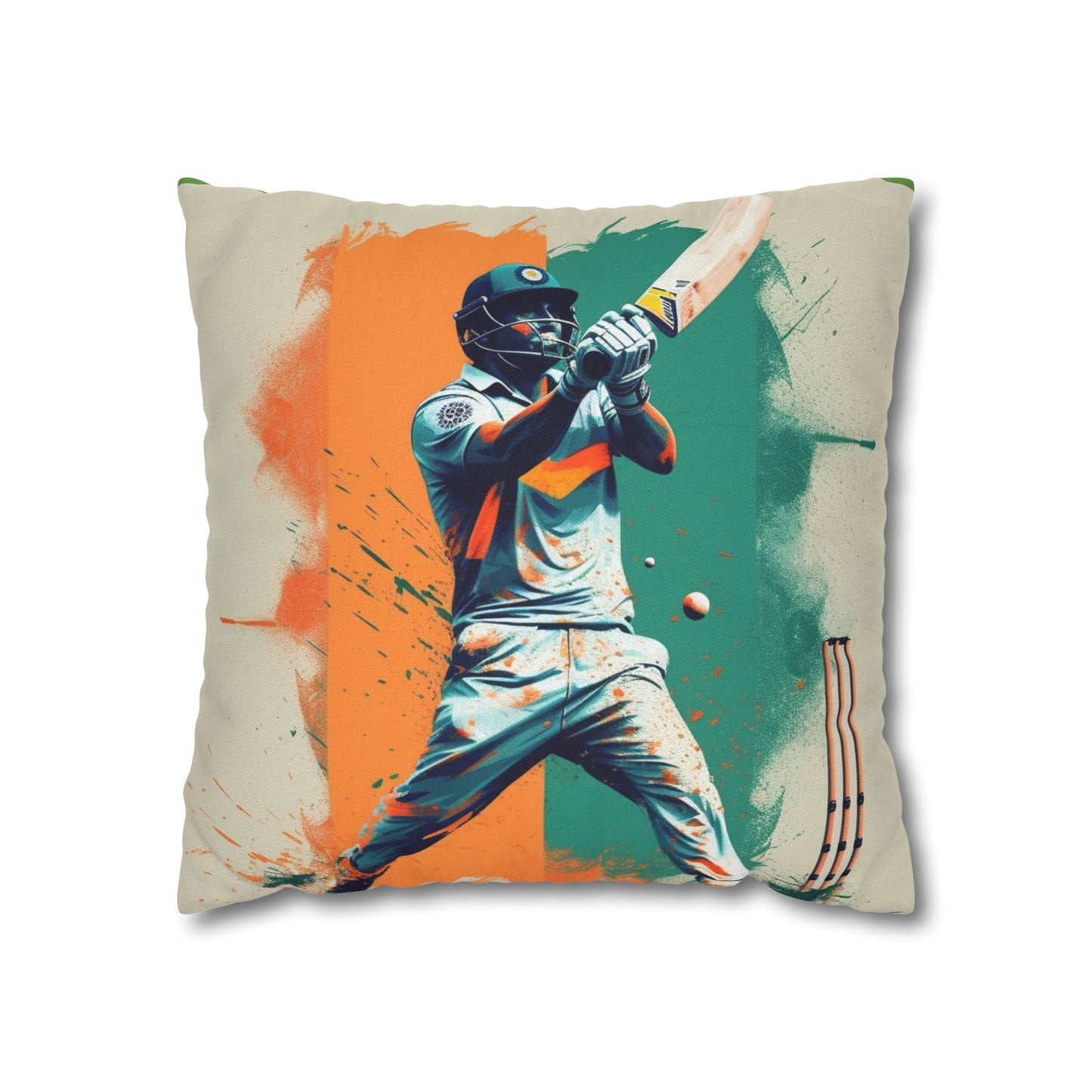 Cricket Batsman, Ball Strike, Indian Flag Color Background - Street Style - Spun Polyester Square Pillow Case