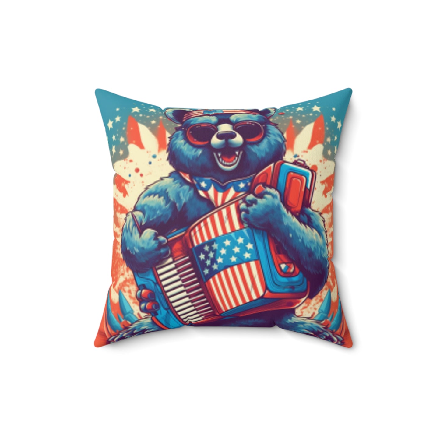 Accordion Bear Patriotic 4th of July American Music Spun Polyester Square Pillow