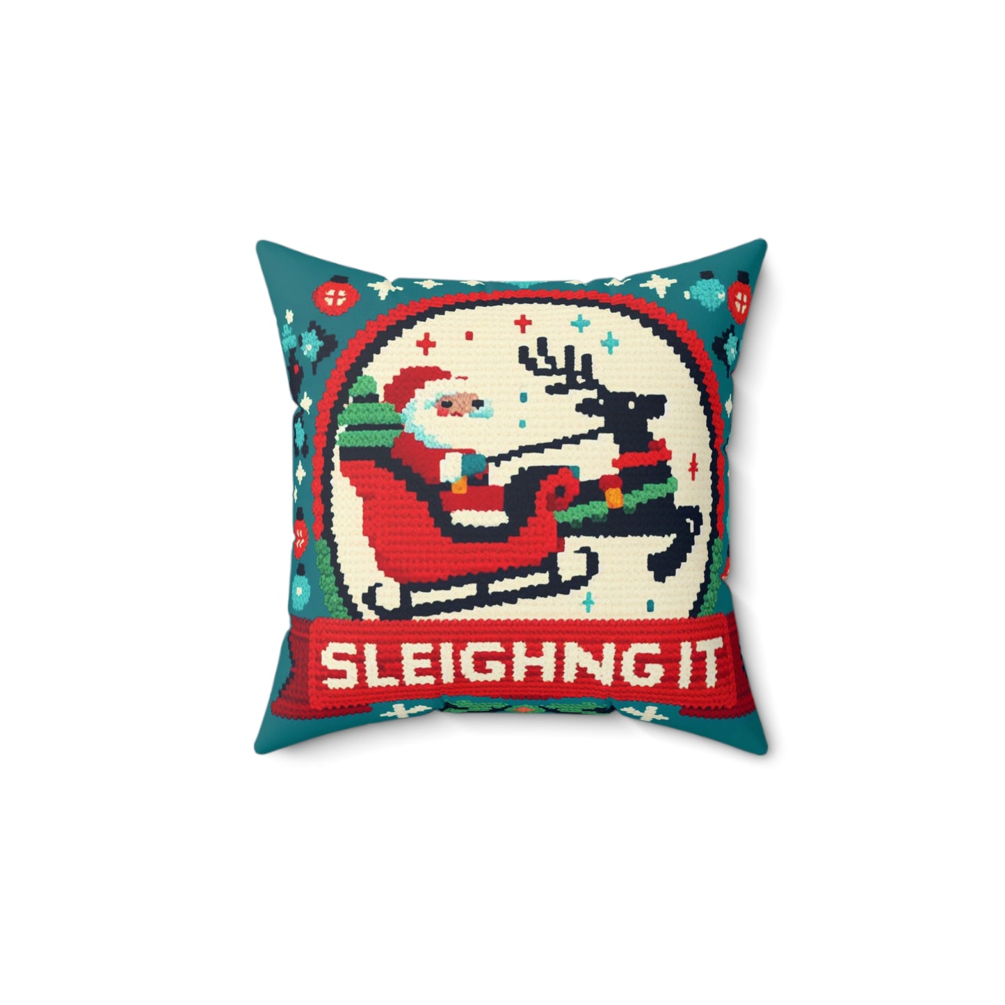 Santa & Reindeer Cross-Stitch Style - 'Sleighing It' Christmas - Festive Holiday - Spun Polyester Square Pillow