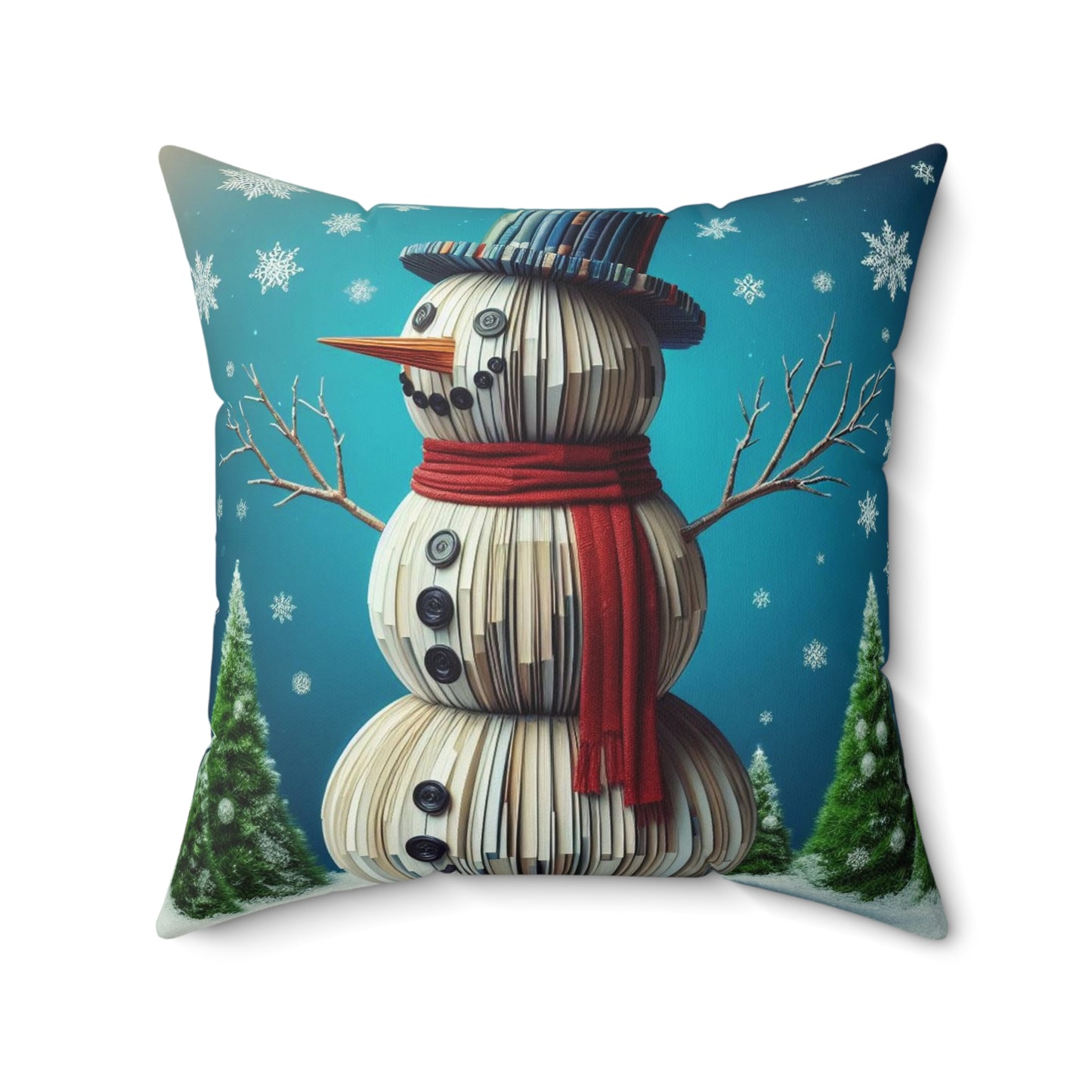 Bibliophiles Winter Delight: Charming Book Lover Novelty Snowman with Bookish Christmas Charm - Spun Polyester Square Pillow