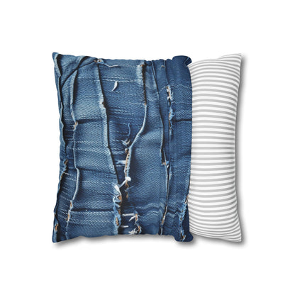 Midnight Blue Distressed Denim: Rugged, Torn & Stylish Design - Spun Polyester Square Pillow Case