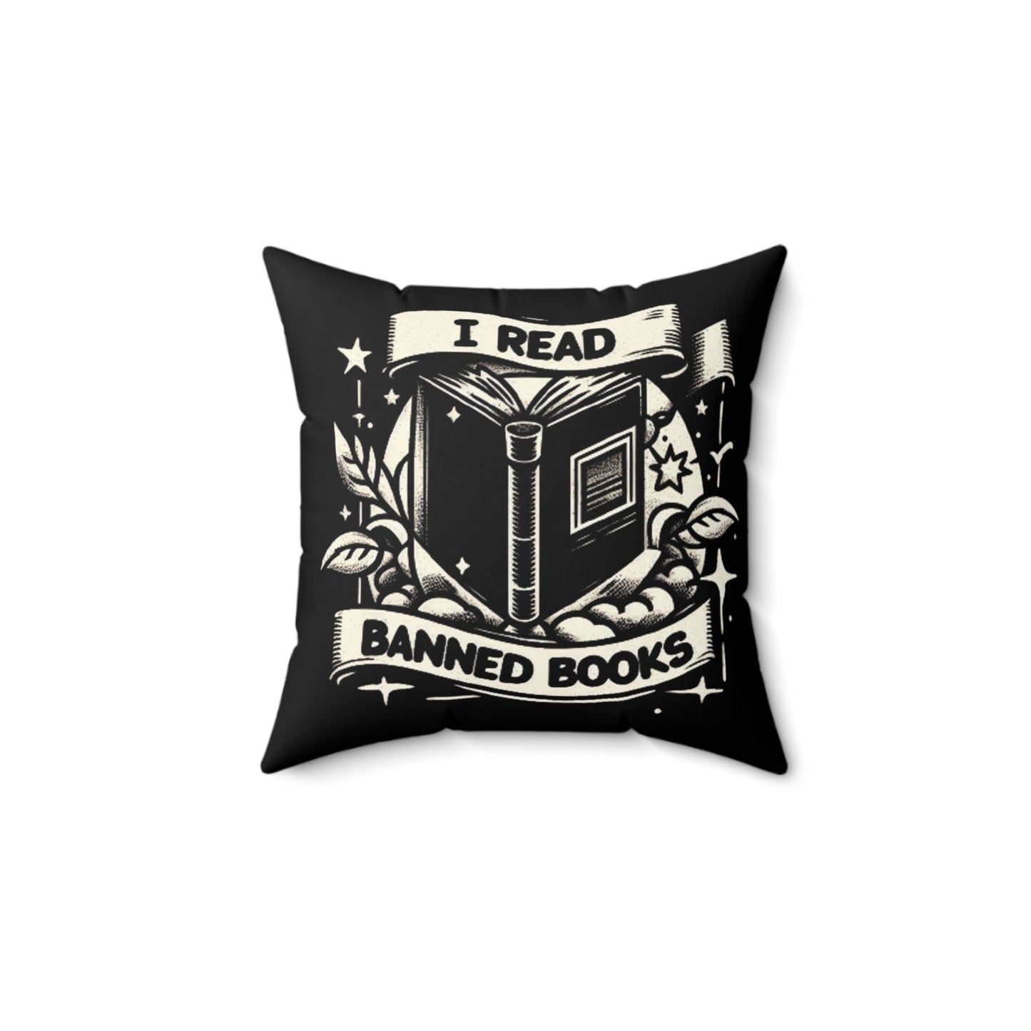 I Read Banned Books - Monochrome Crest with Stars and Laurel - Spun Polyester Square Pillow