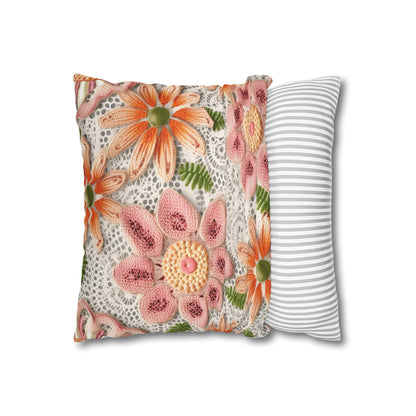 Floral Embroidered Eyelet: Delicate Flower Elegant Pattern - Spun Polyester Square Pillow Case