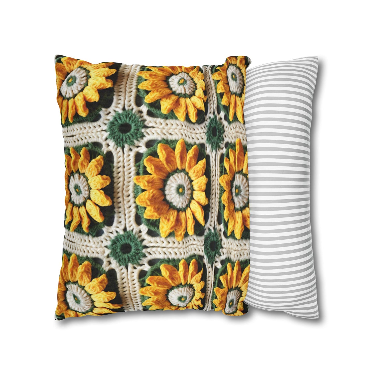 Sunflower Crochet Elegance, Granny Square Design, Radiant Floral Motif. Bring the Warmth of Sunflowers to Your Space - Spun Polyester Square Pillow Case