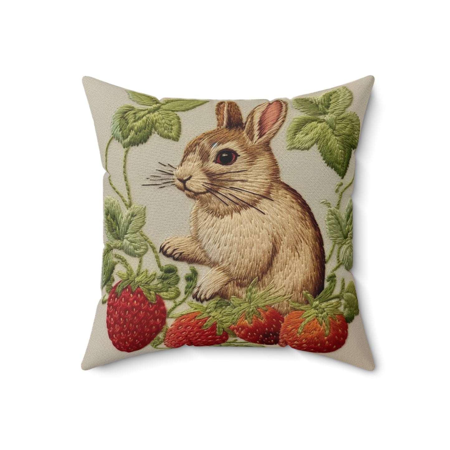 Strawberry Bunny Rabit - Embroidery Style - Strawberries Fruit Munchies - Easter Gift - Spun Polyester Square Pillow